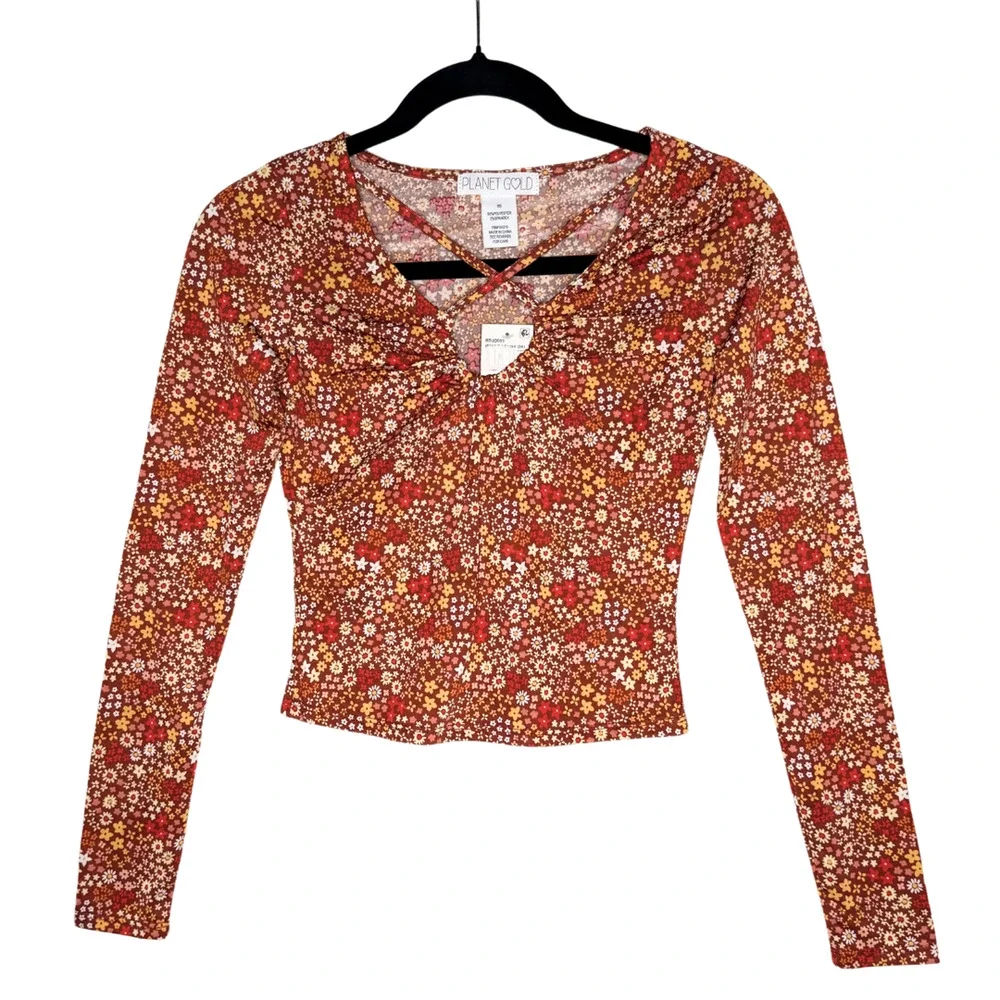 Planet Gold Floral Long Sleeve Criss Cross Crop Top Burnt Henna Small Bohemian